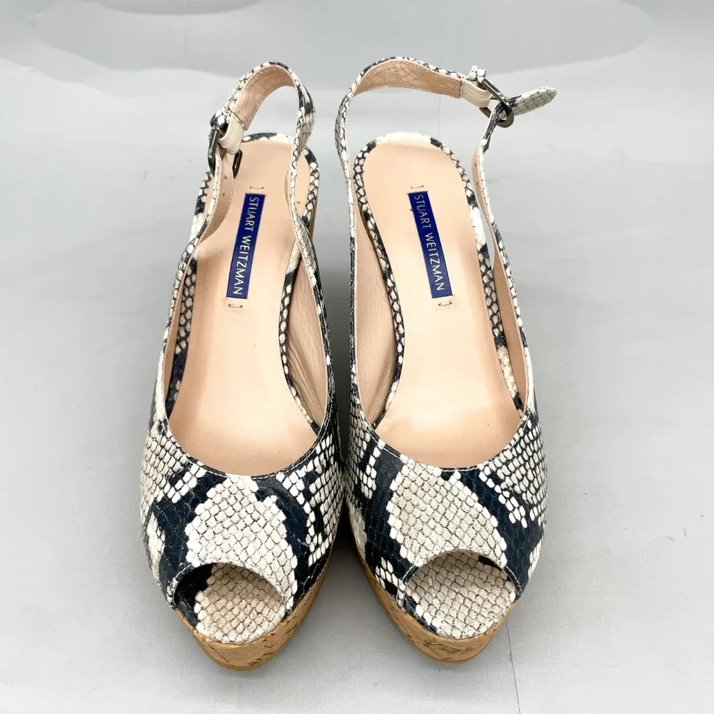 Stuart Weitzman Womens 6.5 Jean Sandals SnakePrint Cork Wedge Platform Slingback - Picture 3 of 11